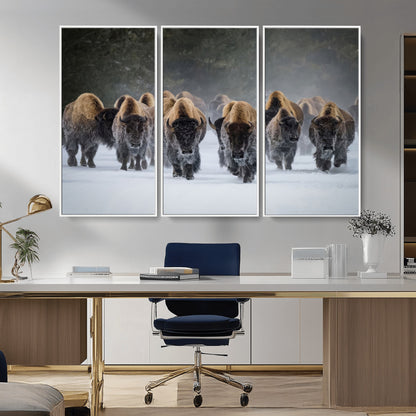 41669135-MGV-CV-36X24-Bison Herd Scene Wall Art Canvas Print, Framed Rustic Wildlife Decor Art Picture Print, Snowy Bison Landscape Perfect Rustic