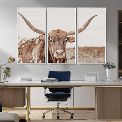 77810049-MGV-CV-36X24-Longhorn Bull Photo Wall Art Canvas Print, Framed Rustic Cow Decor Art Picture Print, Neutral Farmhouse Style Perfect Rustic