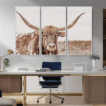 77810049-MGV-CV-36X24-Longhorn Bull Photo Wall Art Canvas Print, Framed Rustic Cow Decor Art Picture Print, Neutral Farmhouse Style Perfect Rustic