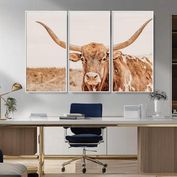 74406977-MGV-CV-36X24-Longhorn Bull Decor Wall Art Canvas Print, Framed Western Cow Theme Art Picture Print, Rustic Farmhouse Wall Perfect Neutral