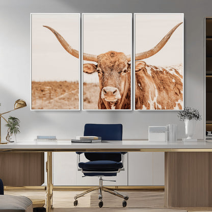 74406977-MGV-FC-48X32-3P_White-Longhorn Bull Decor Wall Art Canvas Print, Framed Western Cow Theme Art Picture Print, Rustic Farmhouse Wall Perfect Neutral