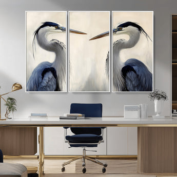 18230556-MGV-FC-48X32-3P_White-Blue Heron Pair Wall Art Canvas Print, Framed Coastal Bird Theme Art Picture Print, Tranquil Wildlife Scene Perfect Coastal