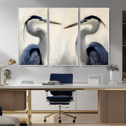 18230556-MGV-FC-48X32-3P_White-Blue Heron Pair Wall Art Canvas Print, Framed Coastal Bird Theme Art Picture Print, Tranquil Wildlife Scene Perfect Coastal