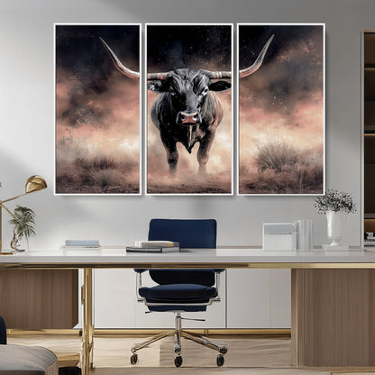 71457818-MGV-CV-36X24-Longhorn Wall Art Wall Art Canvas Print, Framed Western Bull Canvas Art Picture Print, Rustic Cow Decor Perfect Western Dramatic