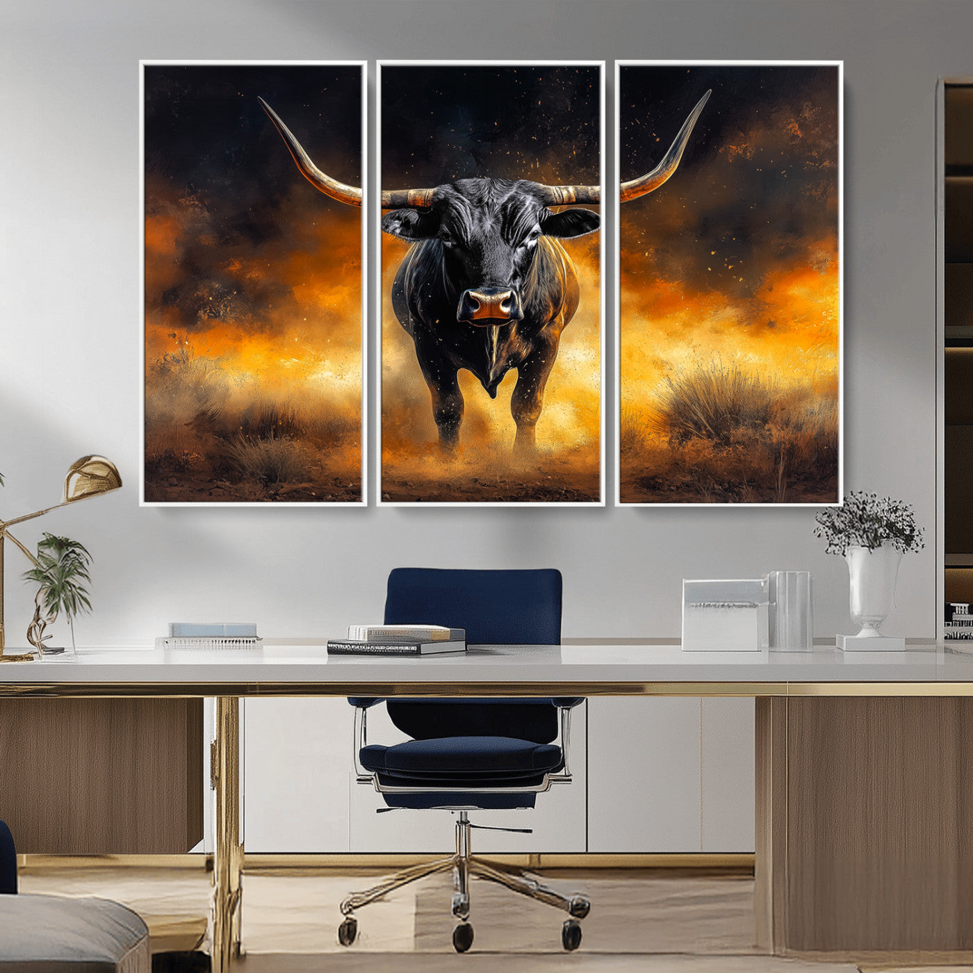 58293979-MGV-FC-48X32-3P_White-Longhorn Canvas Wall Art Canvas Print, Framed Bold Bull Wall Art Art Picture Print, Western Animal Decor Perfect Western Dramatic