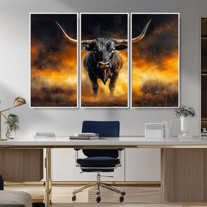 58293979-MGV-FC-48X32-3P_White-Longhorn Canvas Wall Art Canvas Print, Framed Bold Bull Wall Art Art Picture Print, Western Animal Decor Perfect Western Dramatic