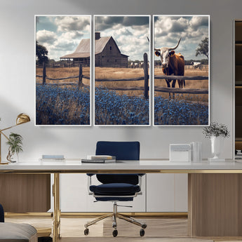 51092814-MGV-CV-36X24-Texas Longhorn Wall Art Wall Art Canvas Print, Framed Rustic Barn Canvas Art Picture Print, Farmhouse Cow Decor Perfect Rustic