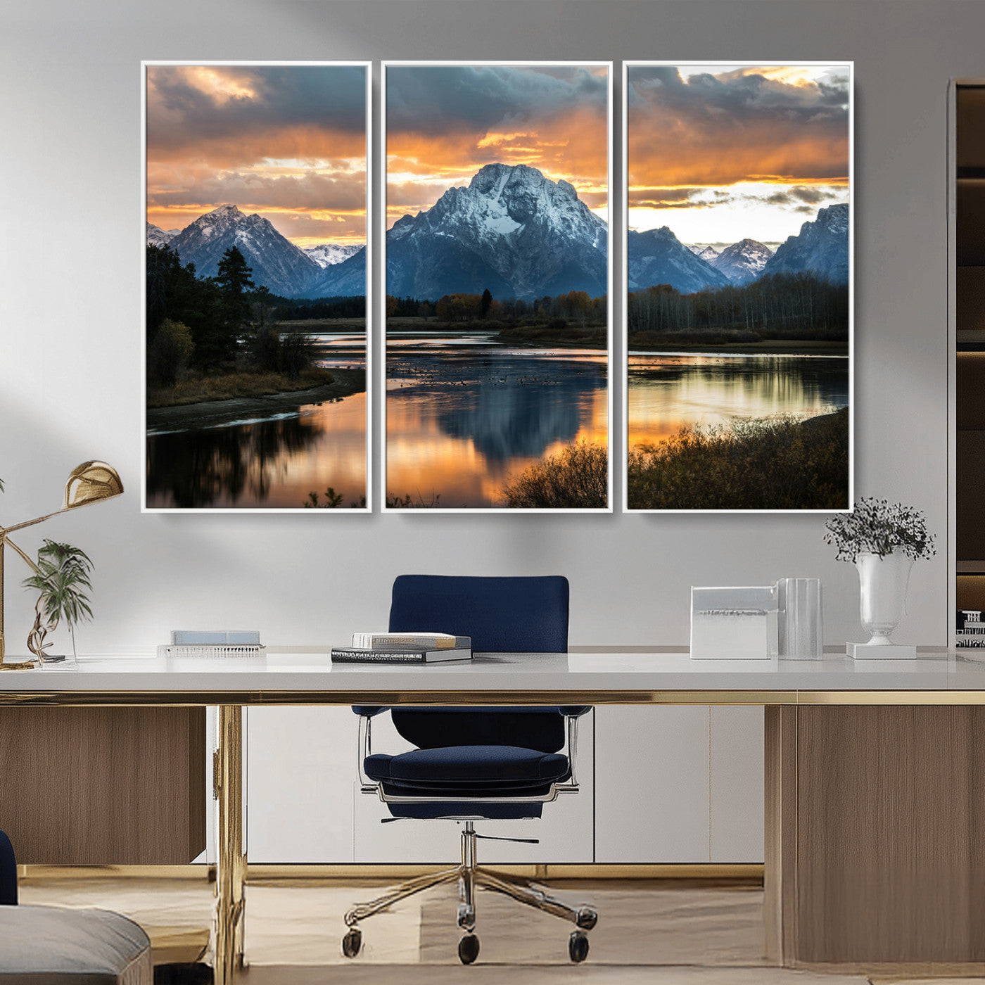14130176-MGV-FC-48X32-3P_White-Mountain Sunset Wall Art Canvas Print, Framed Alpine Wilderness Art Picture Print, Golden Hour Perfect Rustic Wilderness Decor