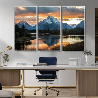 14130176-MGV-FC-48X32-3P_White-Mountain Sunset Wall Art Canvas Print, Framed Alpine Wilderness Art Picture Print, Golden Hour Perfect Rustic Wilderness Decor