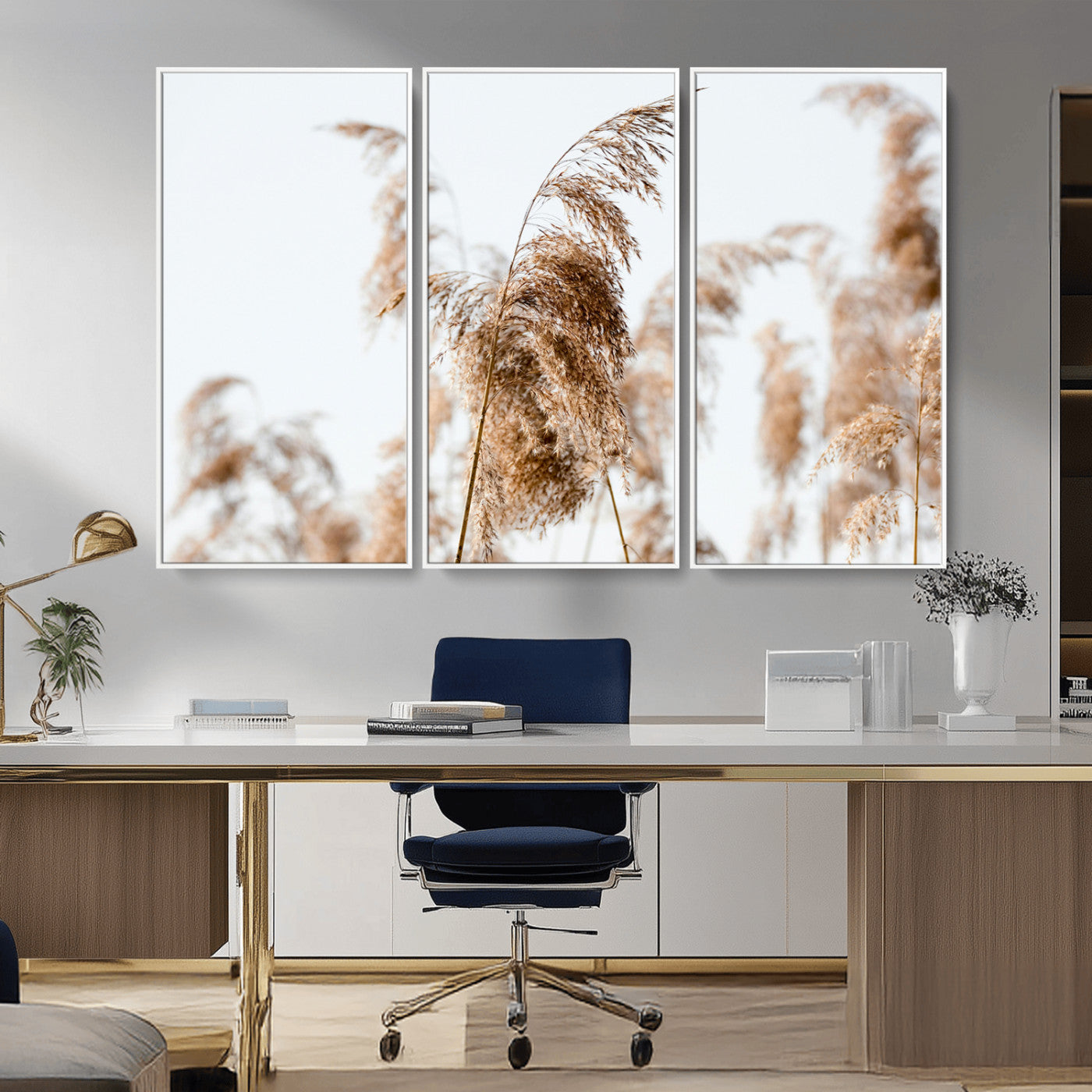 17019393-MGV-FC-48X32-3P_White-Pampas Grass Wall Art Canvas Print, Framed Neutral Tones Art Picture Print, Minimalist Nature Perfect Boho Minimalist Decor