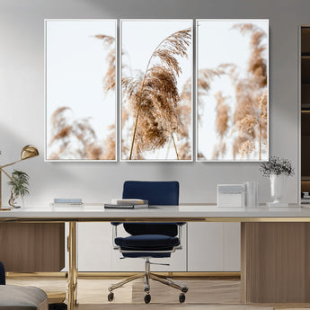 17019393-MGV-FC-48X32-3P_White-Pampas Grass Wall Art Canvas Print, Framed Neutral Tones Art Picture Print, Minimalist Nature Perfect Boho Minimalist Decor