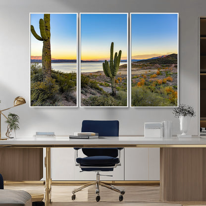 52844711-MGV-FC-48X32-3P_White-Saguaro Cactus Wall Art Canvas Print, Framed Desert Sunset Art Picture Print, Southwestern Scene Perfect Southwestern Rustic Decor