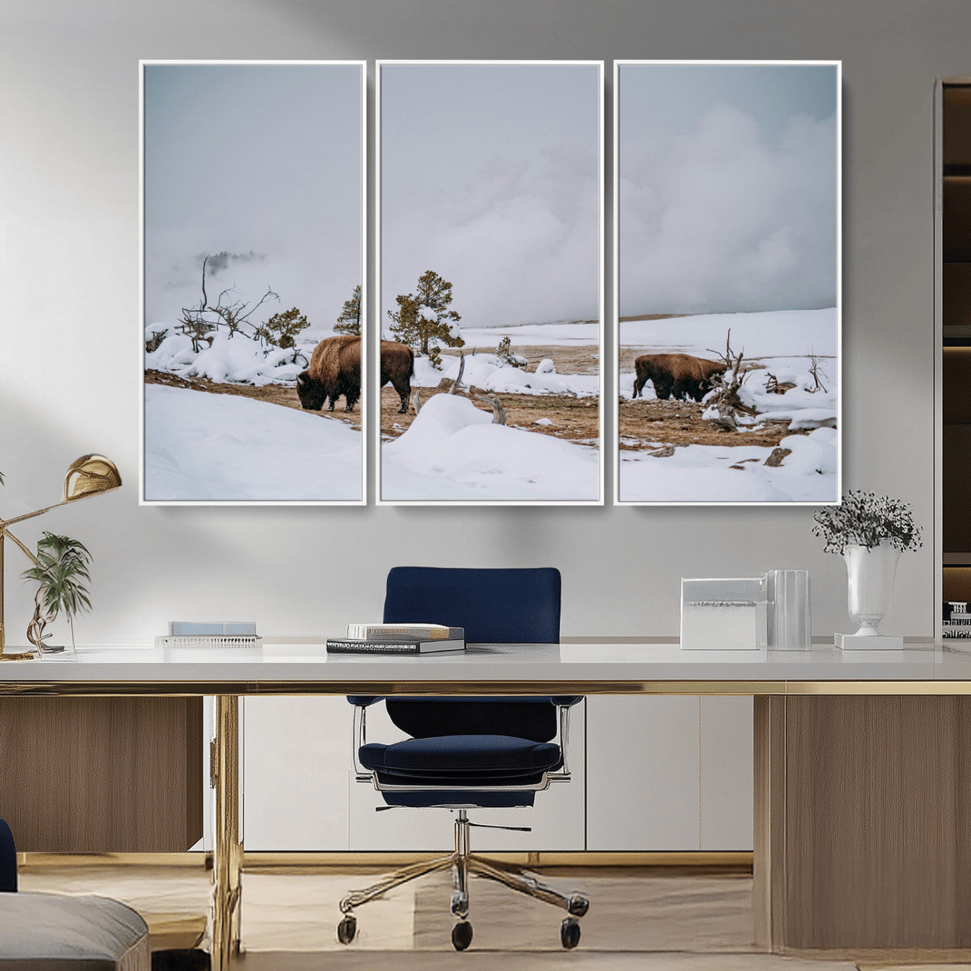 60308289-MGV-FC-48X32-3P_White-Bison Wildlife Wall Art Canvas Print, Framed Snowy Prairie Art Picture Print, Western Landscape Perfect Rustic Winter Decor