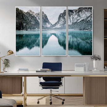 73098373-MGV-CV-36X24-Mountain Lake Wall Art Canvas Print, Framed Winter Wonderland Art Picture Print, Snowy Peaks Perfect Modern Nature Decor Artwork