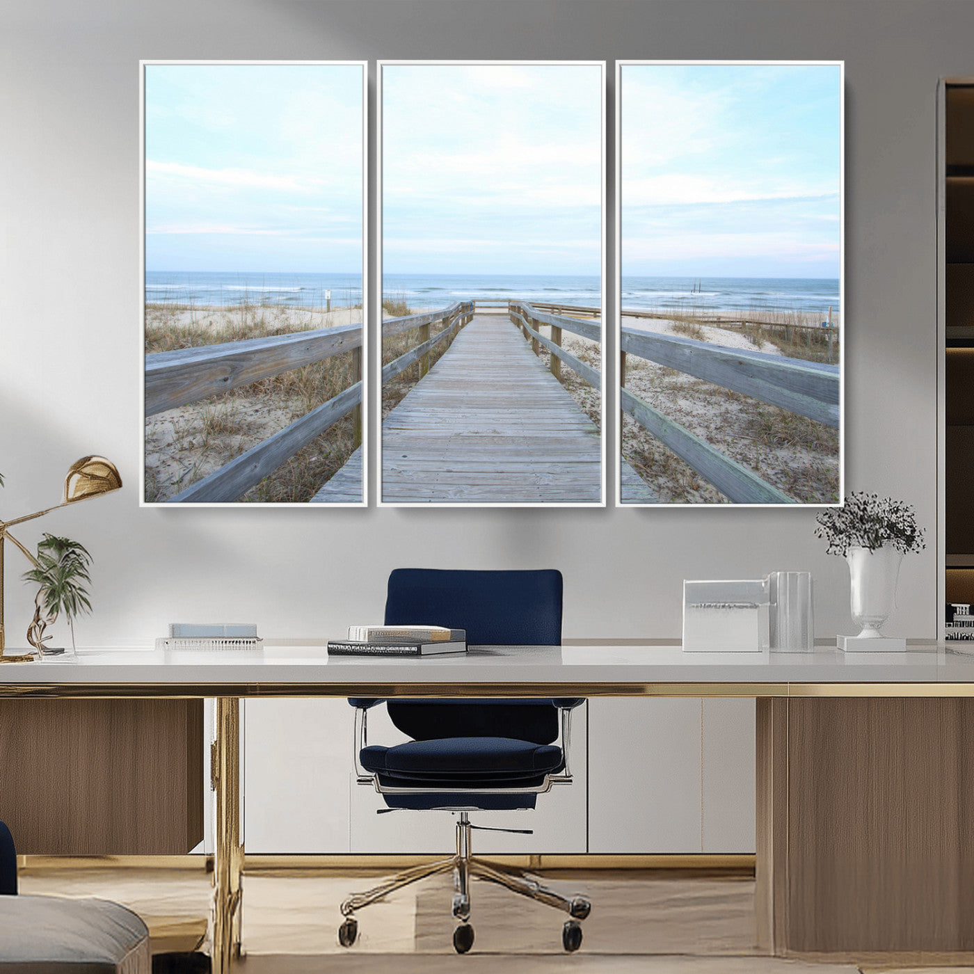 31602988-MGV-FC-48X32-3P_White-Beach Boardwalk Wall Art Canvas Print, Framed Coastal Serenity Art Picture Print, Ocean View Perfect Coastal Minimalist Decor