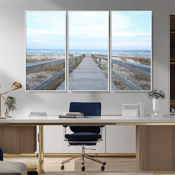 31602988-MGV-FC-48X32-3P_White-Beach Boardwalk Wall Art Canvas Print, Framed Coastal Serenity Art Picture Print, Ocean View Perfect Coastal Minimalist Decor