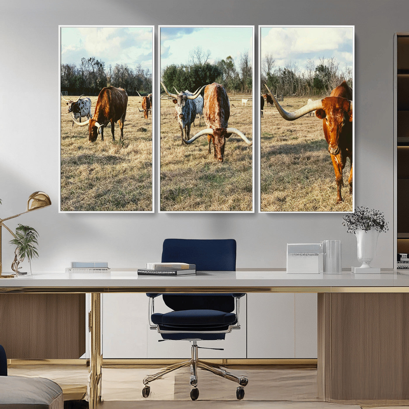 39144651-MGV-CV-36X24-Texas Longhorns Wall Art Canvas Print, Framed Rustic Farm Scene Art Picture Print, Western Cattle Perfect Rustic Farmhouse Decor