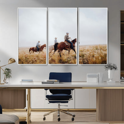 94723307-MGV-CV-36X24-Western Cowboys Wall Art Canvas Print, Framed Rustic Prairie Art Picture Print, Horseback Riding Perfect Rustic Western Decor