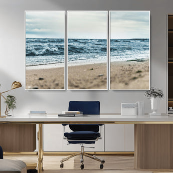 81812590-MGV-FC-48X32-3P_White-Ocean Wall Art Wall Art Canvas Print, Framed Coastal Canvas Art Picture Print, Moody Seascape Perfect Coastal Minimalist Decor