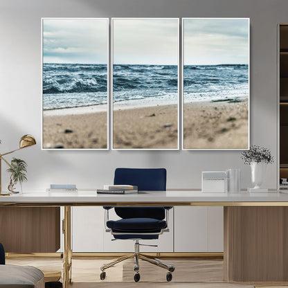 81812590-MGV-FC-48X32-3P_White-Ocean Wall Art Wall Art Canvas Print, Framed Coastal Canvas Art Picture Print, Moody Seascape Perfect Coastal Minimalist Decor