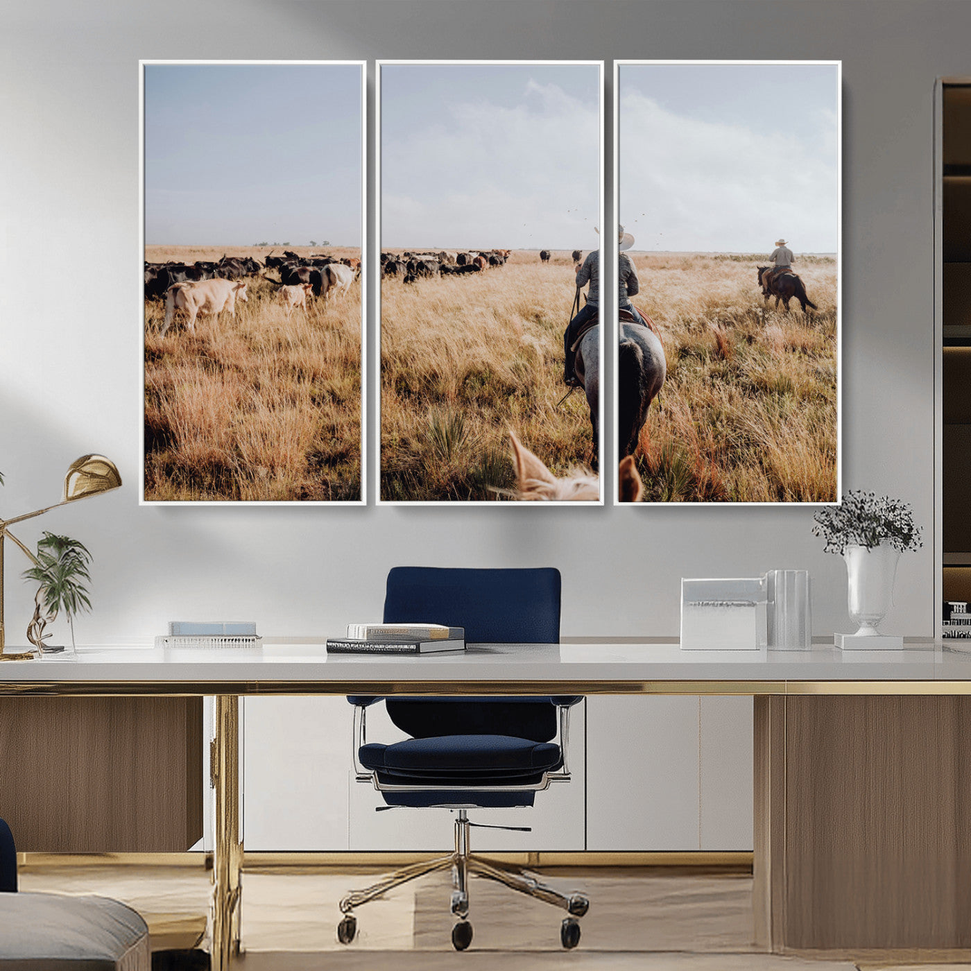 22431577-MGV-FC-48X32-3P_White-Western Wall Art Wall Art Canvas Print, Framed Cowboy Canvas Art Picture Print, Cattle Drive Scene Perfect Rustic Western Decor