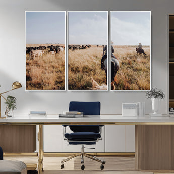 22431577-MGV-FC-48X32-3P_White-Western Wall Art Wall Art Canvas Print, Framed Cowboy Canvas Art Picture Print, Cattle Drive Scene Perfect Rustic Western Decor