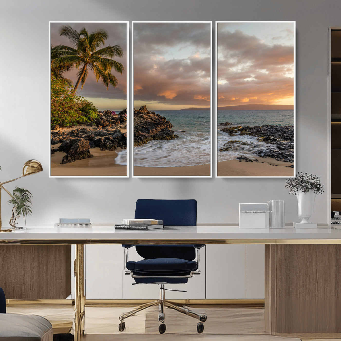 55108220-MGV-CV-36X24-Tropical Beach Wall Art Canvas Print, Framed Hawaiian Sunset Art Picture Print, Ocean Waves Perfect Coastal Tropical Decor Artwork