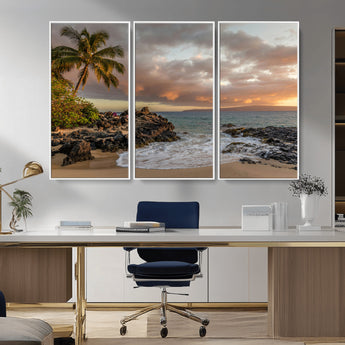 55108220-MGV-CV-36X24-Tropical Beach Wall Art Canvas Print, Framed Hawaiian Sunset Art Picture Print, Ocean Waves Perfect Coastal Tropical Decor Artwork