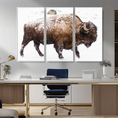 94261165-MGV-CV-36X24-Snowy Buffalo Wall Art Canvas Print, Framed Wildlife Photography Art Picture Print, Brown Tones Perfect Rustic Lodge Decor Decor