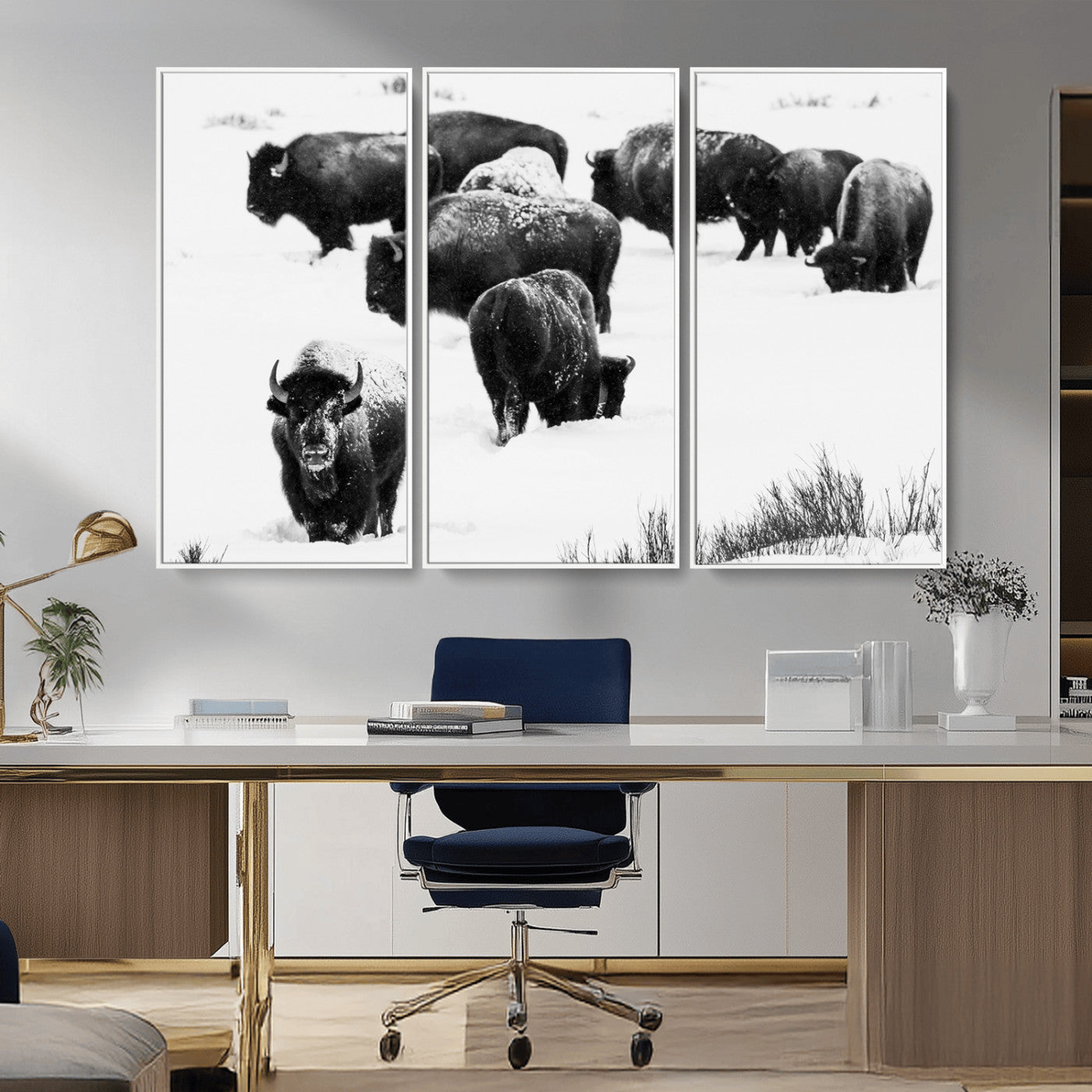 18914414-MGV-CV-36X24-Buffalo Herd Wall Art Canvas Print, Framed Black and White Art Picture Print, Snowy Landscape Perfect Rustic Lodge Decor Decor