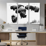 18914414-MGV-CV-36X24-Buffalo Herd Wall Art Canvas Print, Framed Black and White Art Picture Print, Snowy Landscape Perfect Rustic Lodge Decor Decor