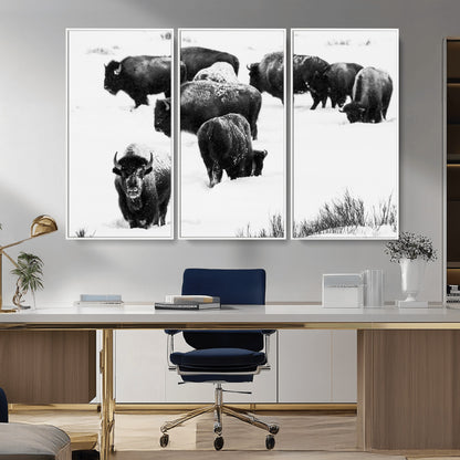18914414-MGV-CV-36X24-Buffalo Herd Wall Art Canvas Print, Framed Black and White Art Picture Print, Snowy Landscape Perfect Rustic Lodge Decor Decor