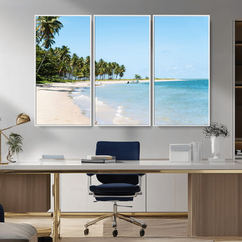 37858872-MGV-CV-36X24-Palm Tree Coast Wall Art Canvas Print, Framed Island Getaway Art Picture Print, Crystal Blue Water Perfect Tropical Coastal Decor