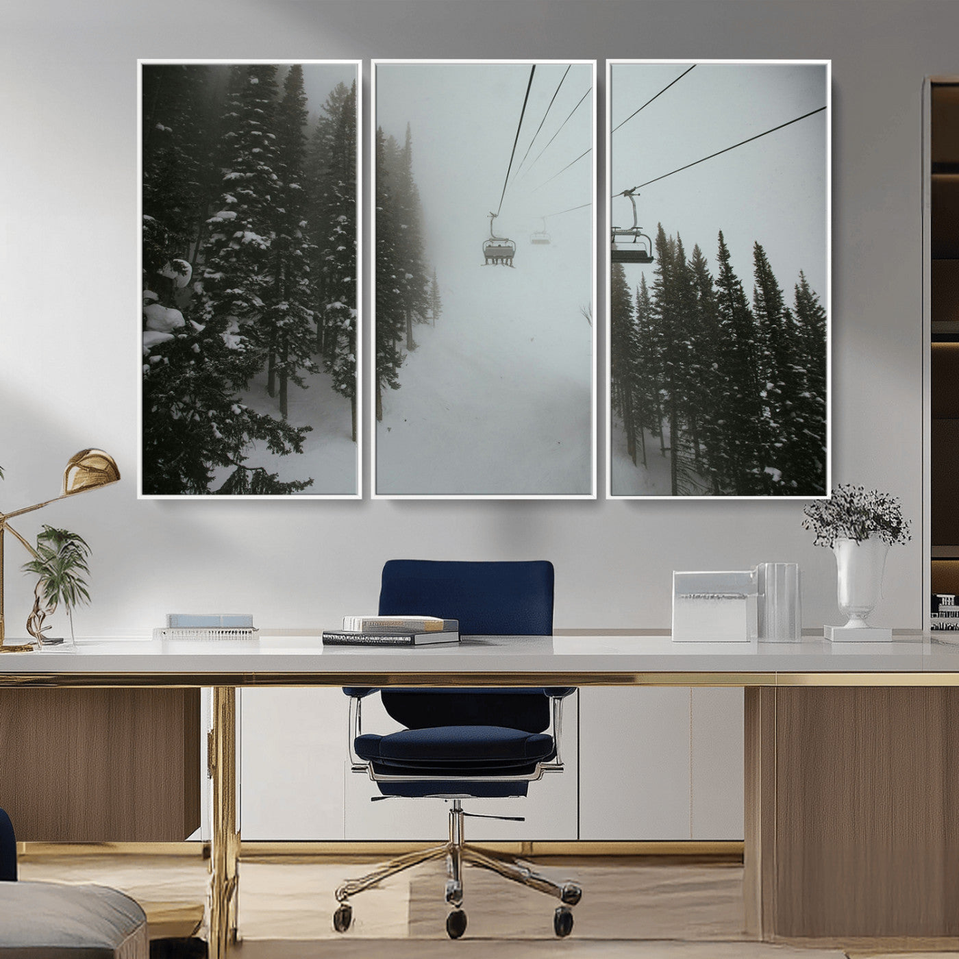 87018452-MGV-CV-36X24-Ski Lift Wall Art Canvas Print, Framed Snowy Pines Art Picture Print, Misty Landscape Perfect Winter Serenity Decor Artwork