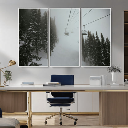 87018452-MGV-CV-36X24-Ski Lift Wall Art Canvas Print, Framed Snowy Pines Art Picture Print, Misty Landscape Perfect Winter Serenity Decor Artwork