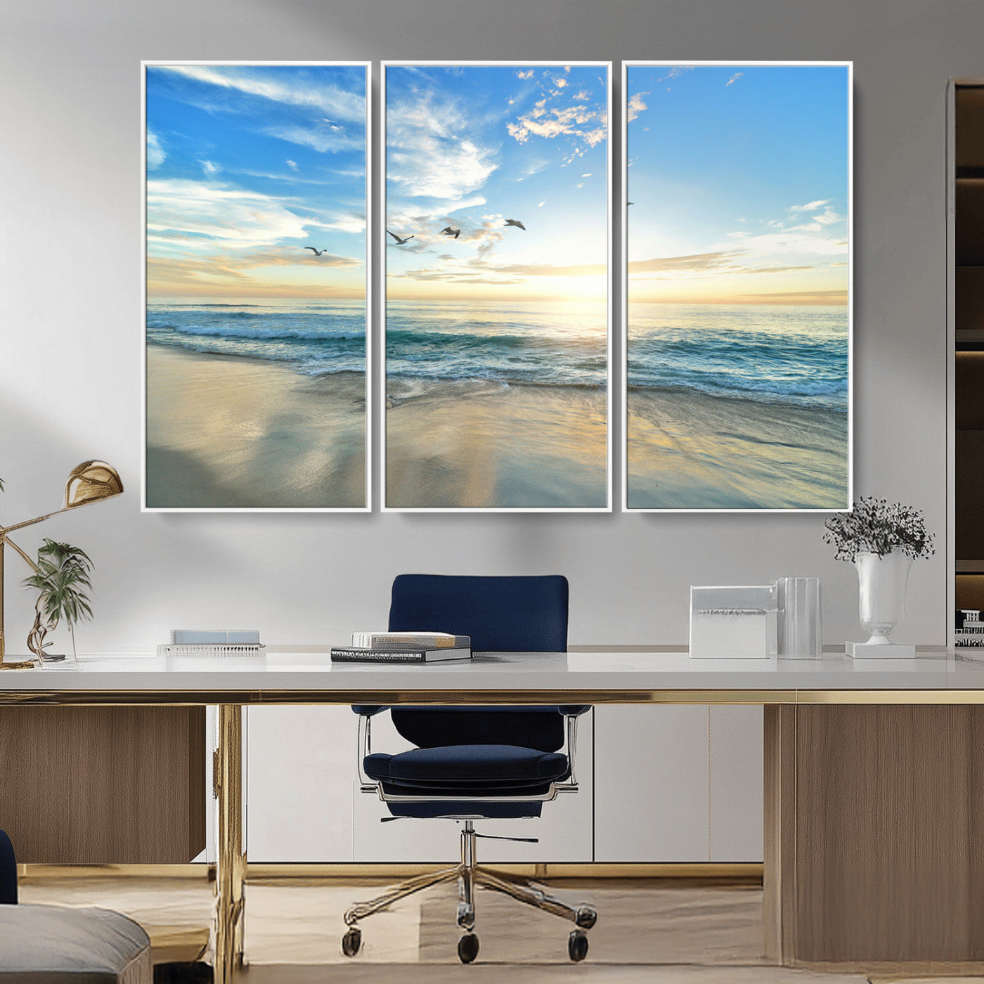 20708696-MGV-CV-36X24-Minimalist Seaside Wall Art Canvas Print, Framed Morning Glow Art Picture Print, Golden Reflections Perfect Coastal Minimalist