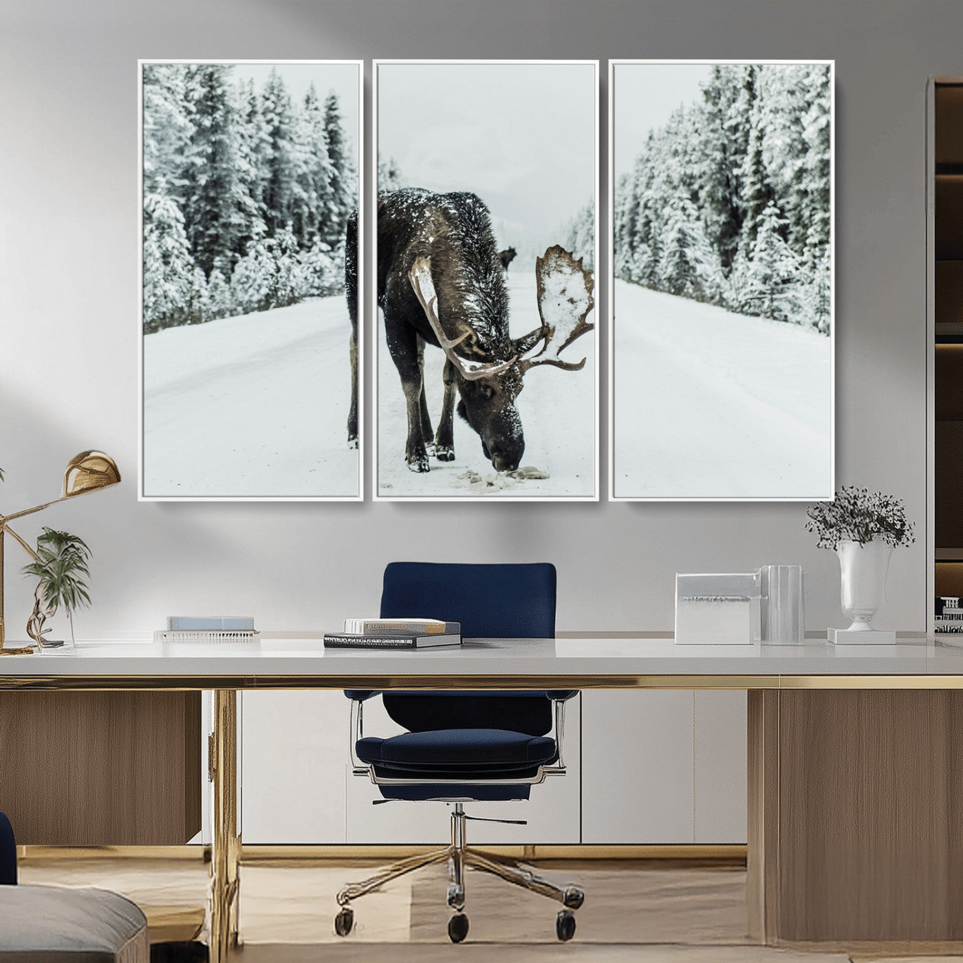 13316292-MGV-CV-36X24-Moose in Snow Wall Art Canvas Print, Framed Winter Wildlife Art Picture Print, Snowy Forest Scene Perfect Rustic Lodge Decor