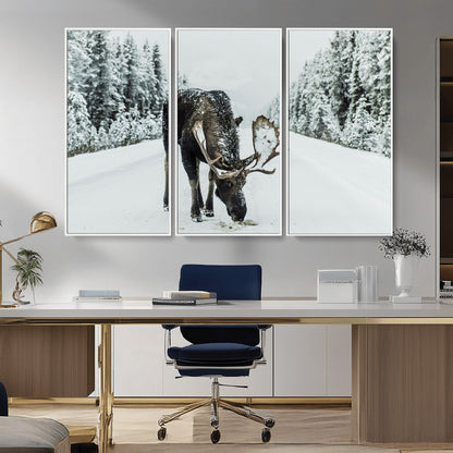 13316292-MGV-CV-36X24-Moose in Snow Wall Art Canvas Print, Framed Winter Wildlife Art Picture Print, Snowy Forest Scene Perfect Rustic Lodge Decor