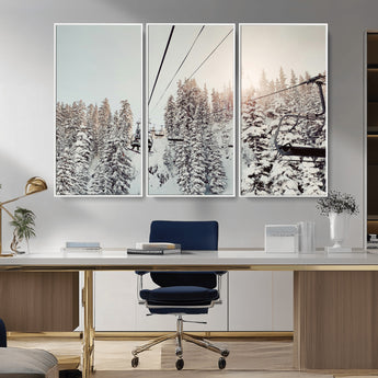 91534512-MGV-FC-48X32-3P_White-Frosty Pines Wall Art Canvas Print, Framed Cozy Cabin View Art Picture Print, Ski Lift Ride Perfect Rustic Lodge Decor Artwork