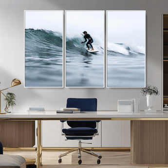 11693607-MGV-FC-48X32-3P_White-Surfer on Wave Wall Art Canvas Print, Framed Ocean Adventure Art Picture Print, Motion Blur Water Perfect Coastal Adventure Decor