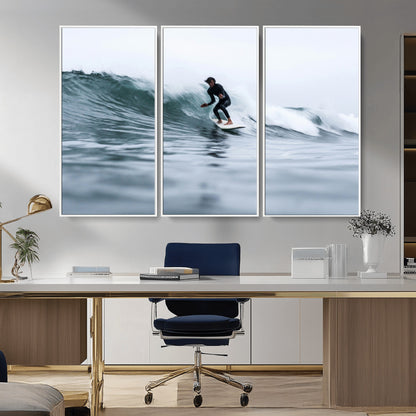 11693607-MGV-FC-48X32-3P_White-Surfer on Wave Wall Art Canvas Print, Framed Ocean Adventure Art Picture Print, Motion Blur Water Perfect Coastal Adventure Decor