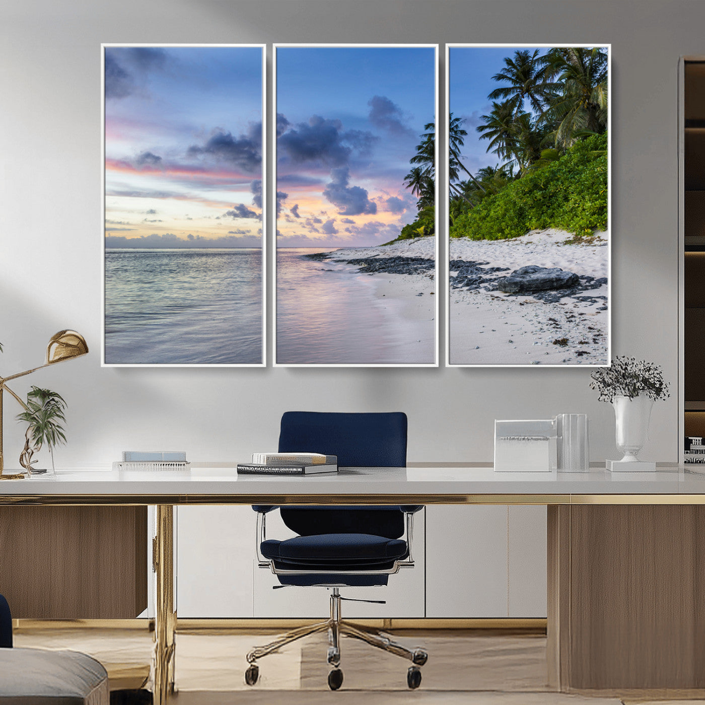 75045485-MGV-FC-48X32-3P_White-Tropical Beach Wall Art Canvas Print, Framed Sunset Glow Art Picture Print, Palm Tree Coast Perfect Tropical Coastal Decor Artwork