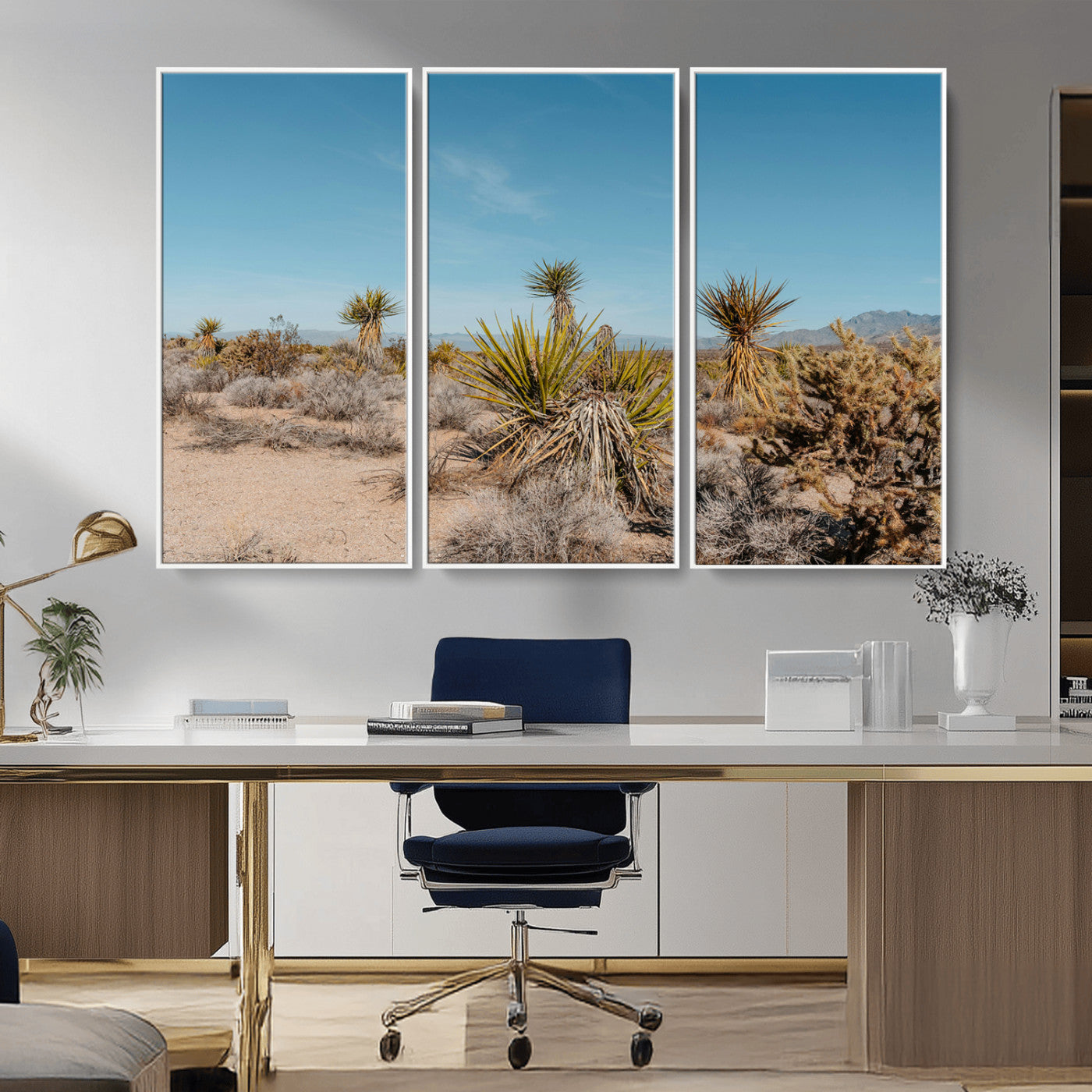 35156165-MGV-FC-48X32-3P_White-Joshua Tree Wall Art Canvas Print, Framed Desert Landscape Art Picture Print, Warm Earth Tones Perfect Southwestern Minimalist