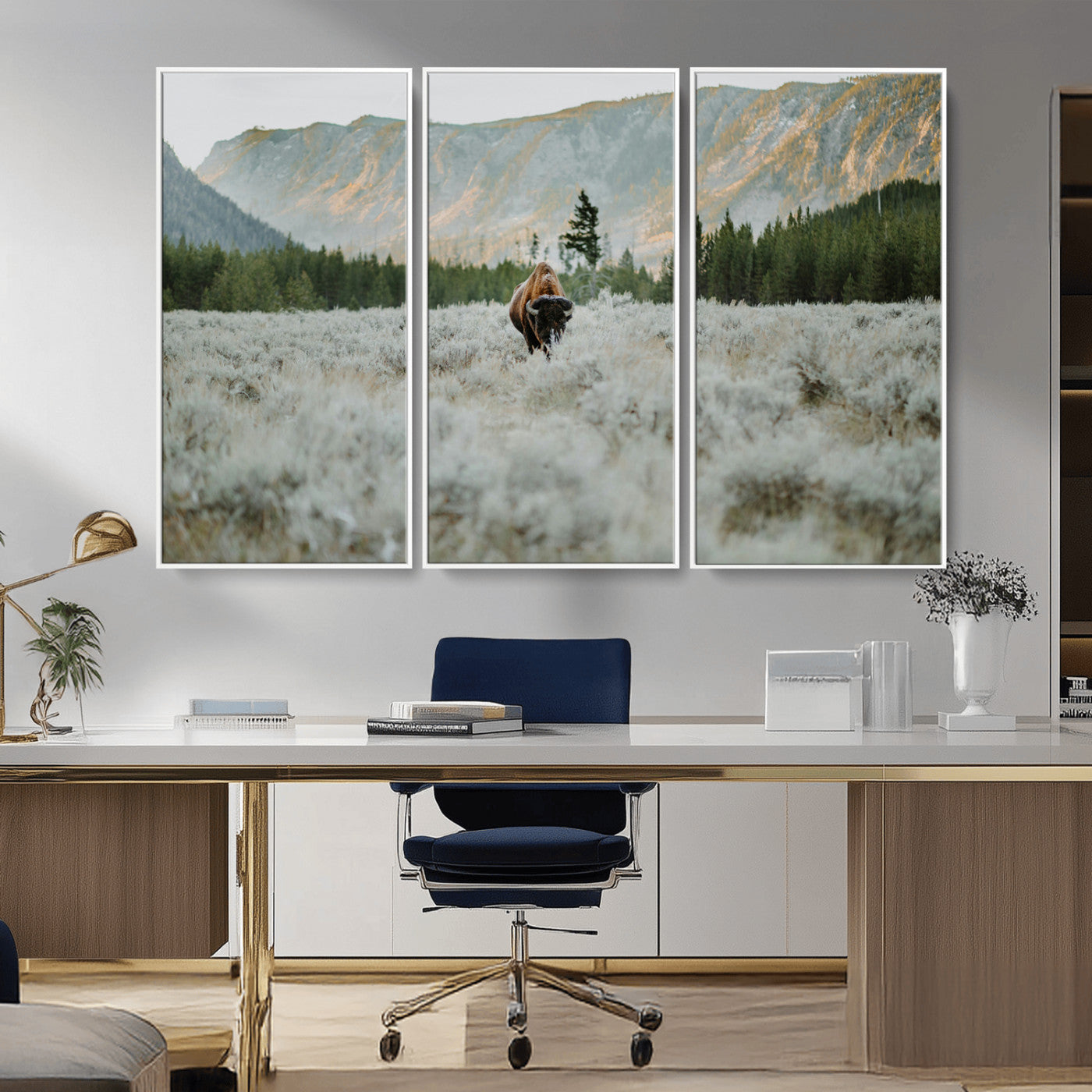 41674074-MGV-FC-48X32-3P_White-Bison Wall Art – American Buffalo Wildlife Photography Canvas Print, Western Mountain Landscape Artwork Rustic Nature Decor for