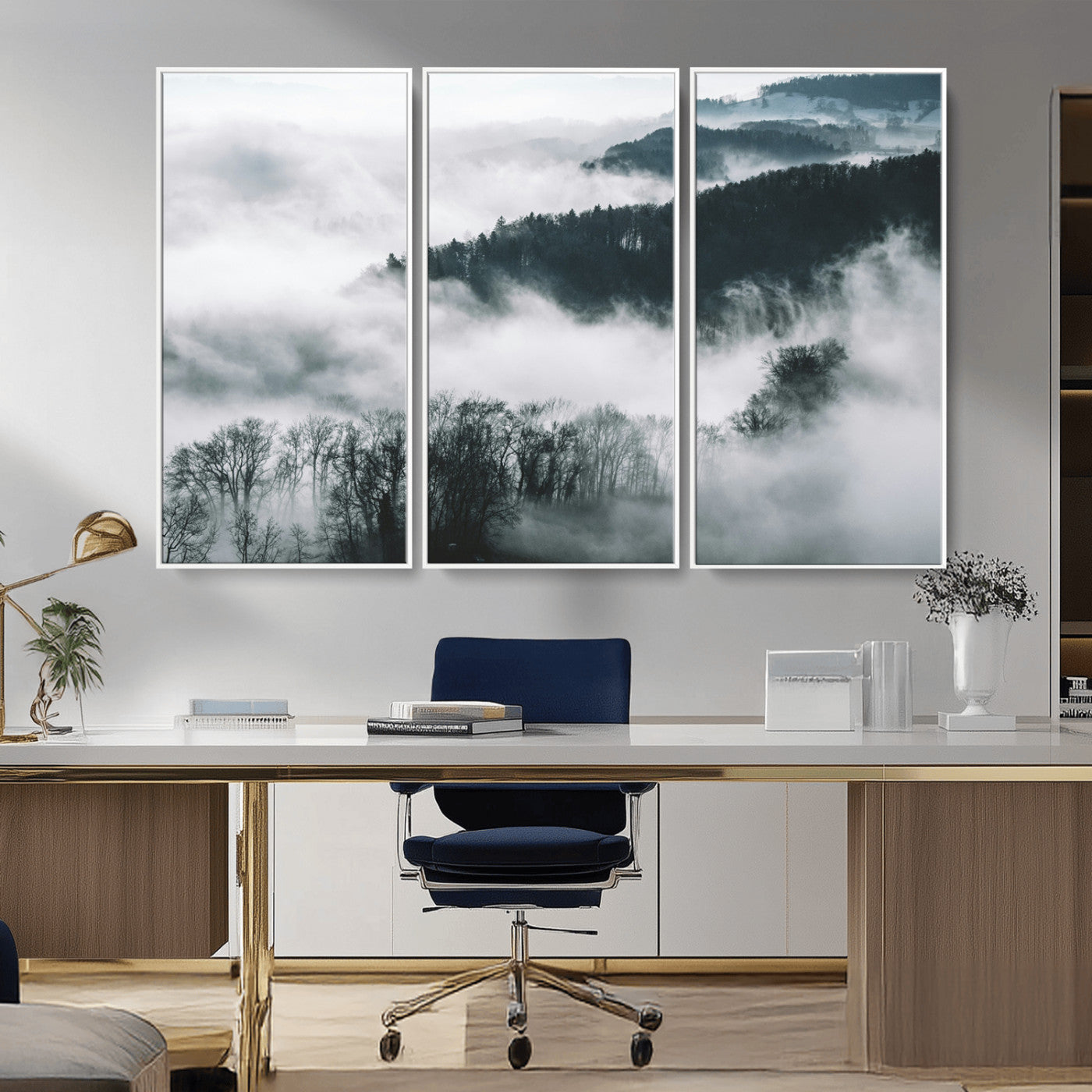 67569654-MGV-CV-36X24-Foggy Forest Wall Art – Mist Covered Hills and Trees Landscape Canvas Print, Moody Nature Photography Decor for Living Room,