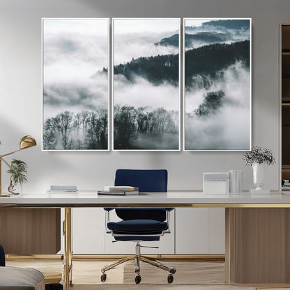 67569654-MGV-CV-36X24-Foggy Forest Wall Art – Mist Covered Hills and Trees Landscape Canvas Print, Moody Nature Photography Decor for Living Room,