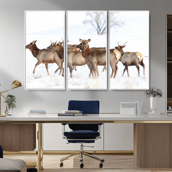 41416314-MGV-FC-48X32-3P_White-Elk Wall Art – Wildlife Herd Canvas Print in Snowy Landscape, Rustic Nature Painting, Western Cabin Lodge Decor for Living Room,