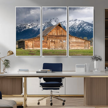 15173627-MGV-CV-36X24-Barn Wall Art – Rustic Wooden Cabin Canvas Print with Snowy Mountain Landscape, Western Farmhouse Country Decor for Living Room,