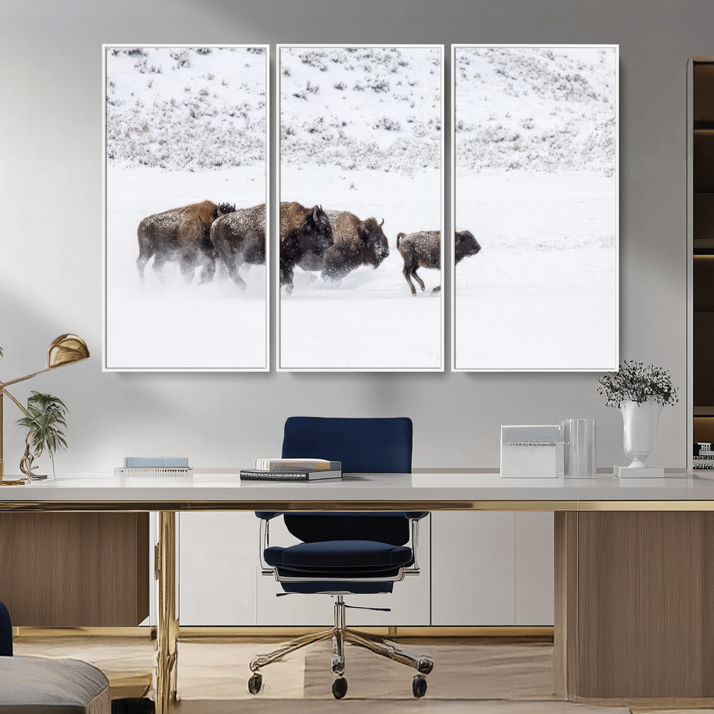 61161423-MGV-CV-36X24-Running Bison Herd Wall Art – Winter Buffalo Canvas Print, Wildlife Photography Decor for Rustic Living Room, Farmhouse, Lodge,