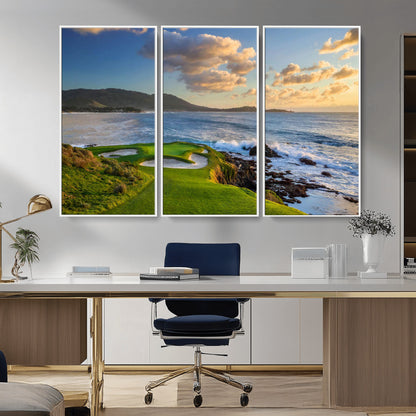 50107048-MGV-FC-48X32-3P_White-Golf Course Wall Art – Coastal Ocean View Canvas Print, Scenic Fairway Landscape Decor for Office, Man Cave, Bedroom, or Living